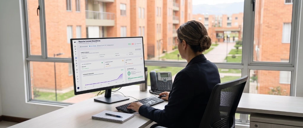 Administradora gestionando reportes estadísticos, cuadre de caja y residentes en Aparqio