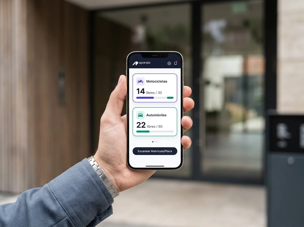 App móvil de Aparqio mostrando celdas libres de carros y motos en tiempo real