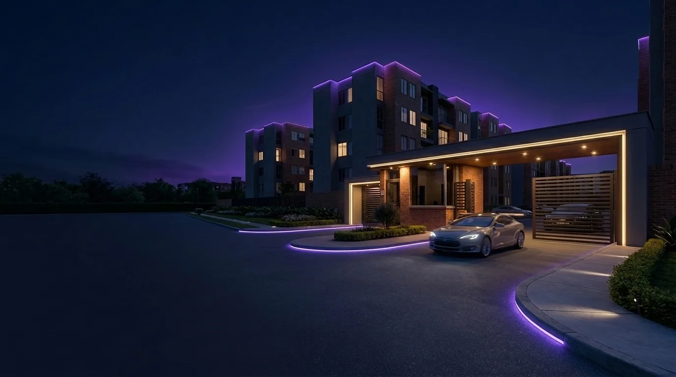 Vehículo moderno ingresando ágilmente a parqueadero residencial inteligente