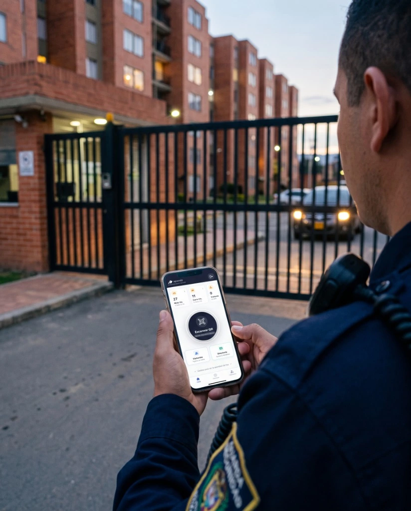 Guarda de seguridad operando la app móvil de Aparqio en portería