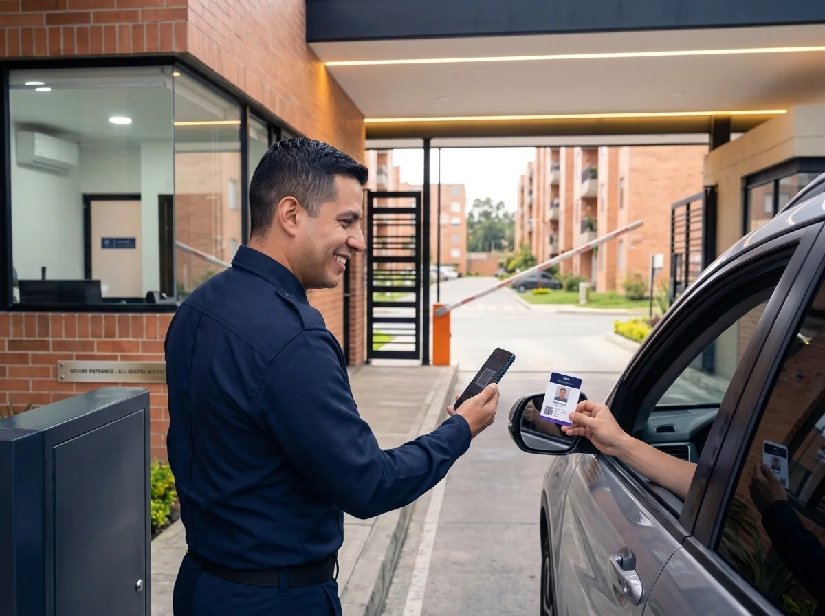 Guarda de seguridad escaneando tarjeta física con QR de residente en la portería