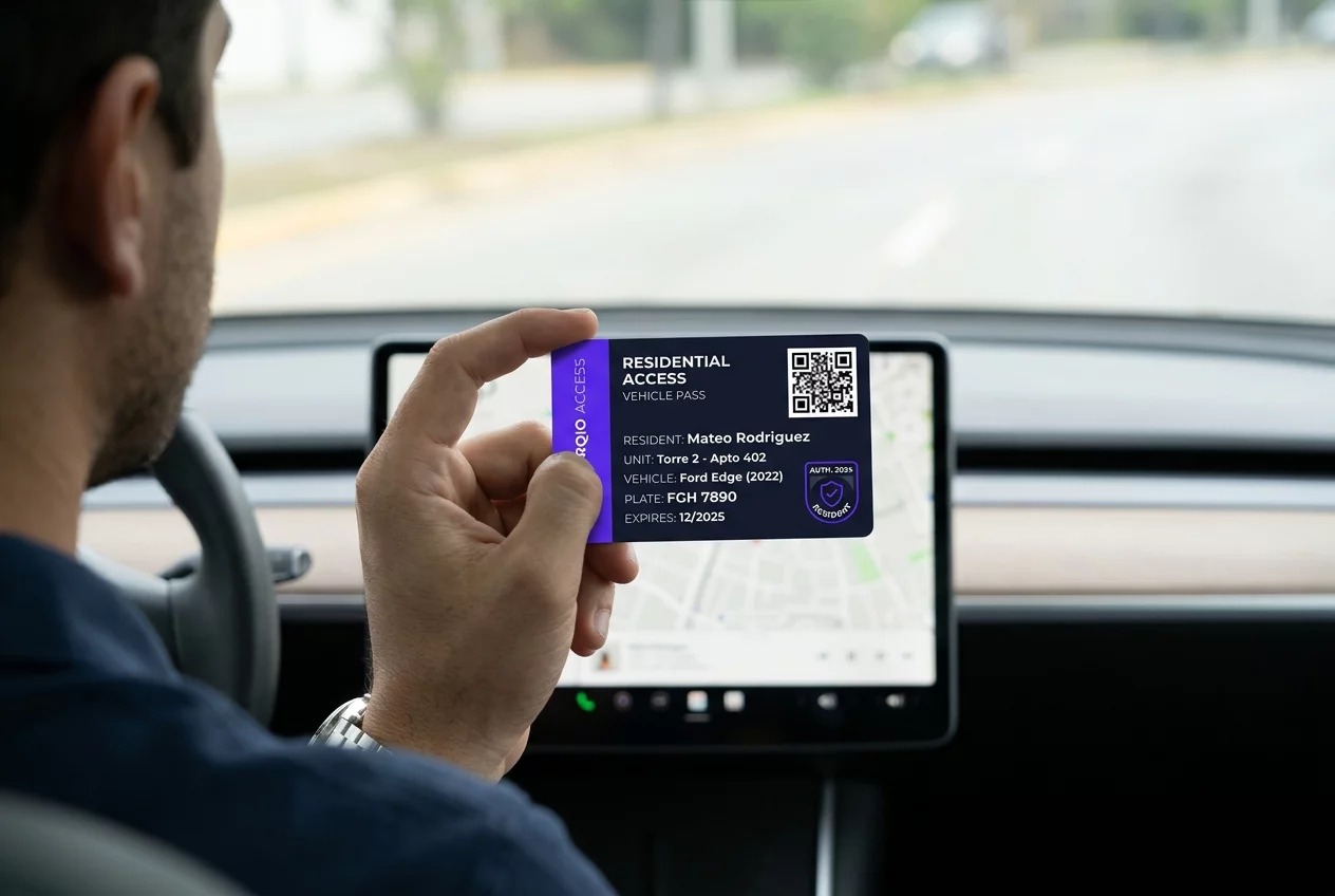 Tarjeta física horizontal con código QR, datos del residente, torre y placa para control de acceso vehicular